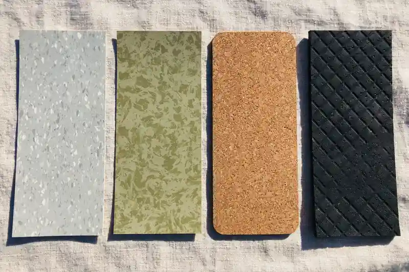 Resilient flooring samples laid out: vinyl, linoleum, cork, and rubber