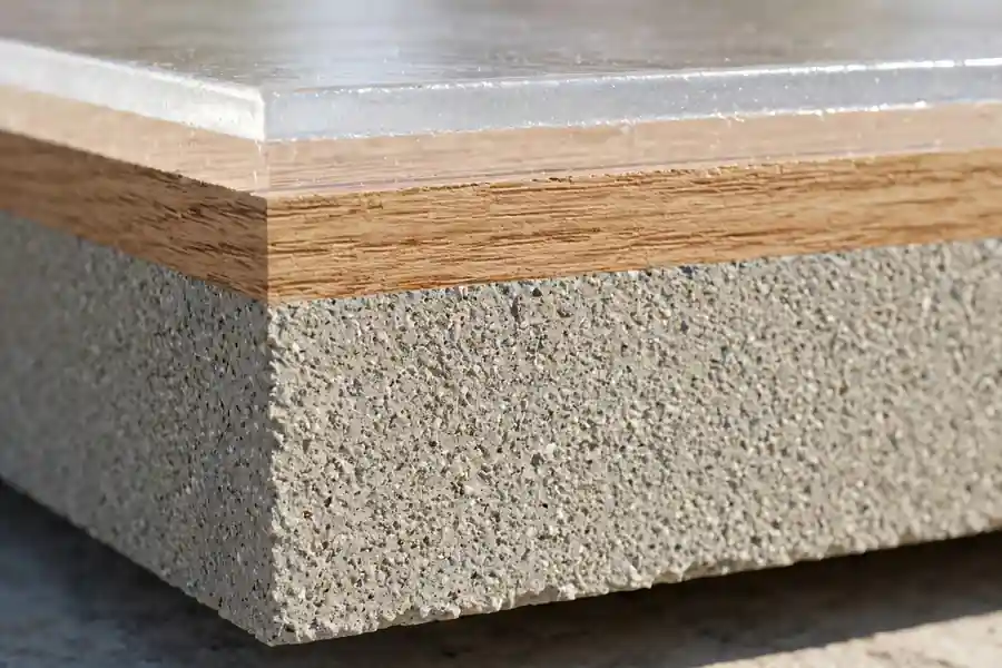Close-up of the edge of an SPC vinyl plank showing its layers and dense core