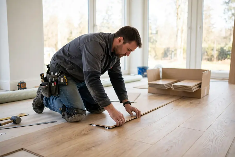 Worker installing SPC vinyl planks in a bright room