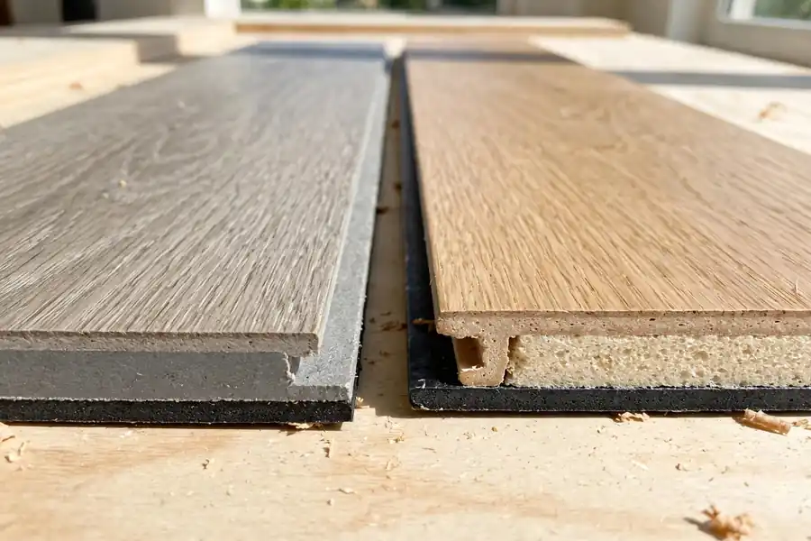 SPC and WPC vinyl planks side by side, showing different core thicknesses