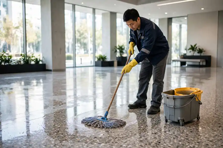 Worker damp mopping a polished terrazzo floor