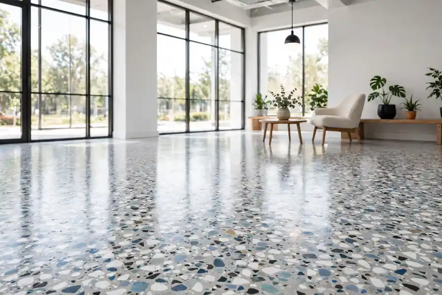 Installed epoxy terrazzo floor in a bright room