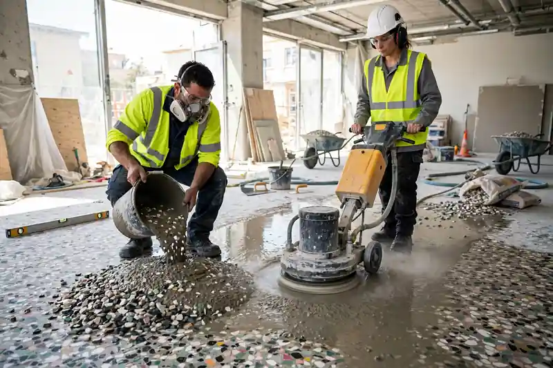 Workers pouring and grinding a terrazzo floor