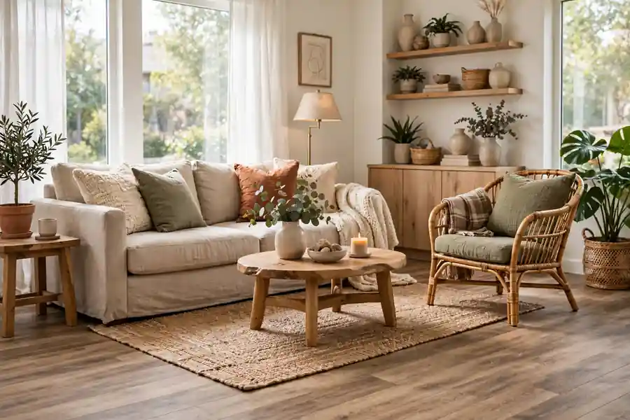 Bright living room with wood-look vinyl plank flooring