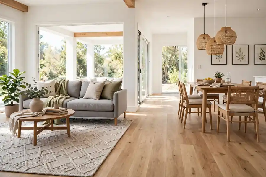Open living and dining space with one continuous plank floor