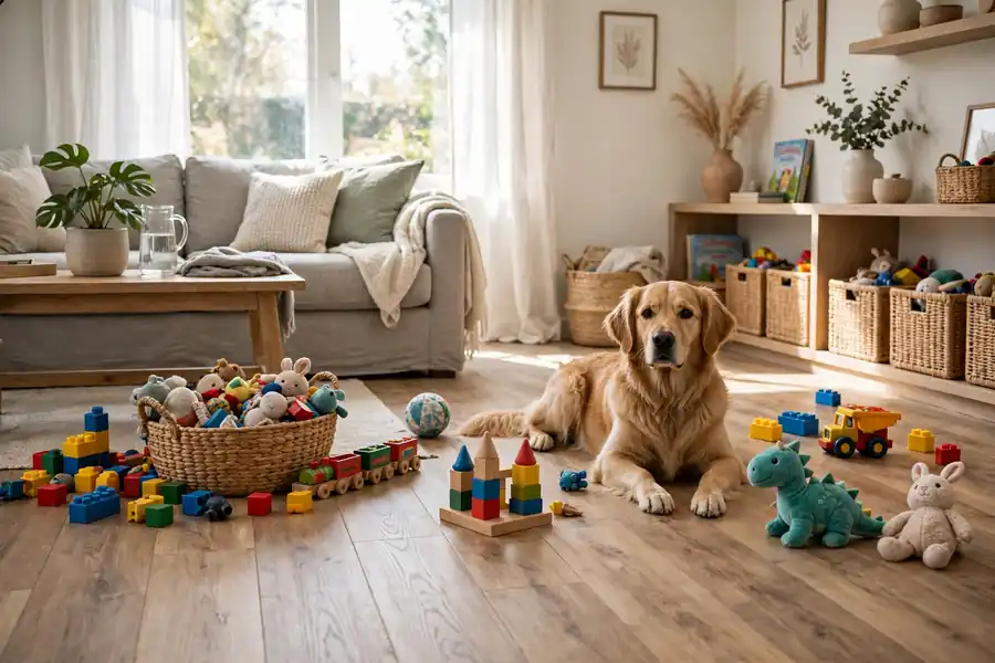 Family living room with durable plank flooring and a dog