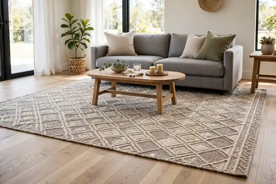 Living room with a large rug over a hard plank floor