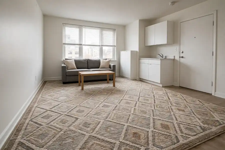Rental room with a large area rug