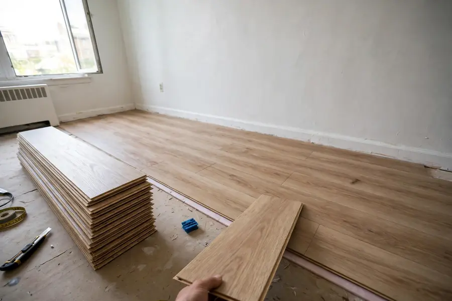 Loose-lay vinyl planks being laid without glue in a rental room