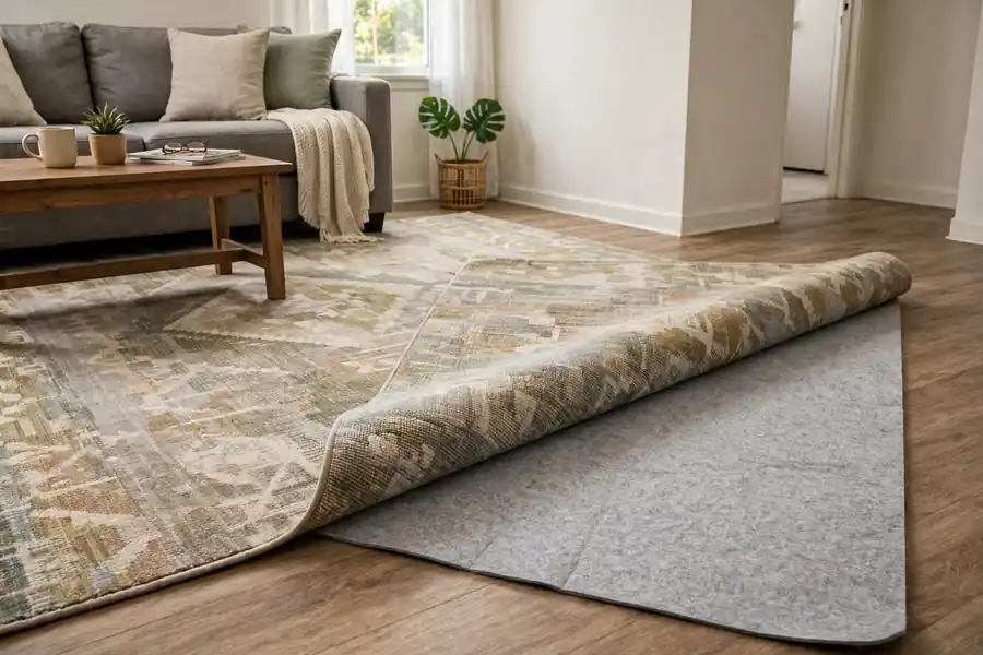 Rental room with a large area rug and pad over the floor