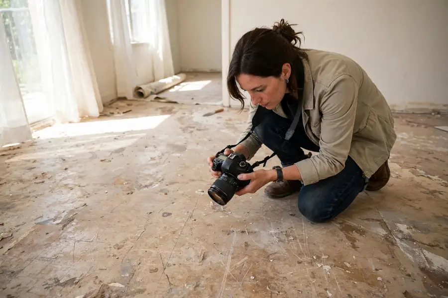 Person photographing a rental floor before changing it