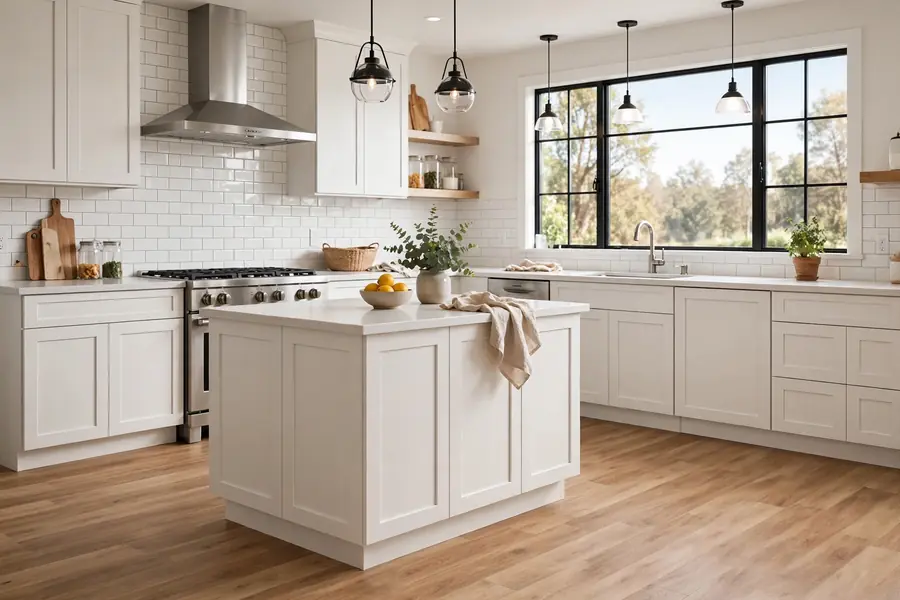 Bright kitchen with vinyl flooring, an island and pendant lights by a large window