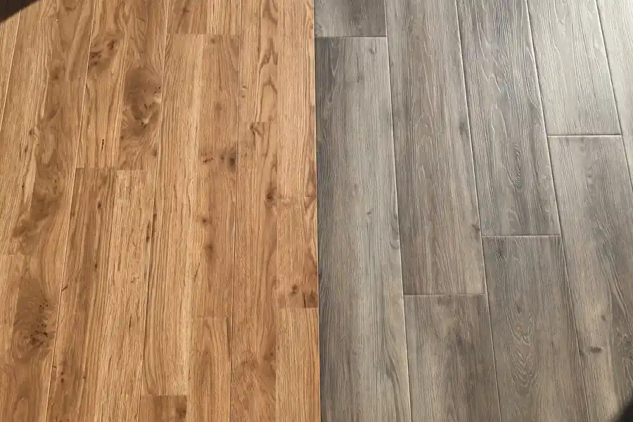 Laminate and vinyl flooring planks side by side