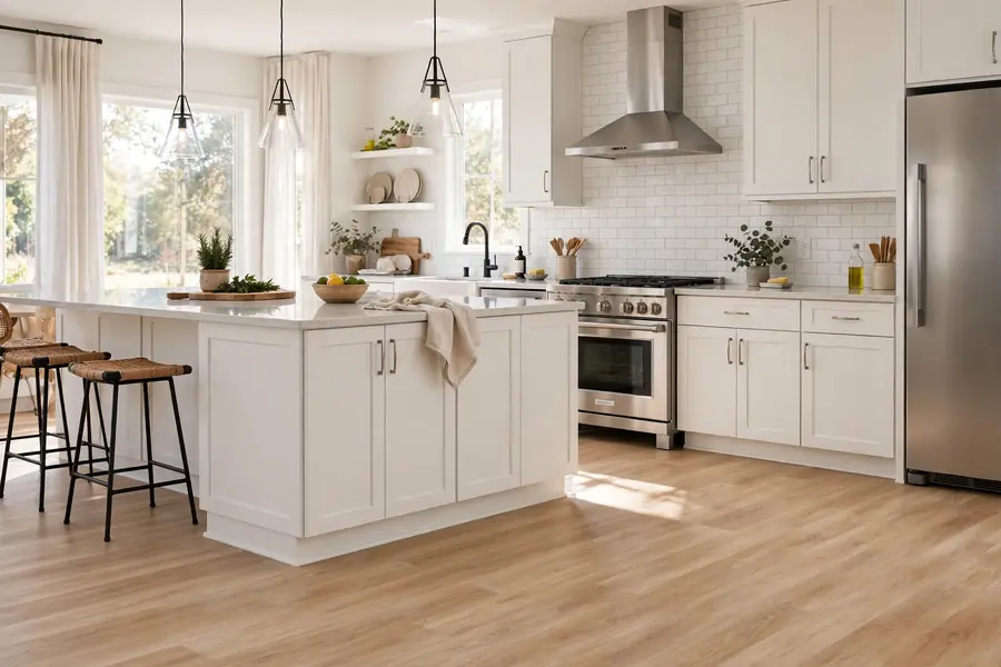 Bright kitchen with vinyl flooring, an island and bar stools