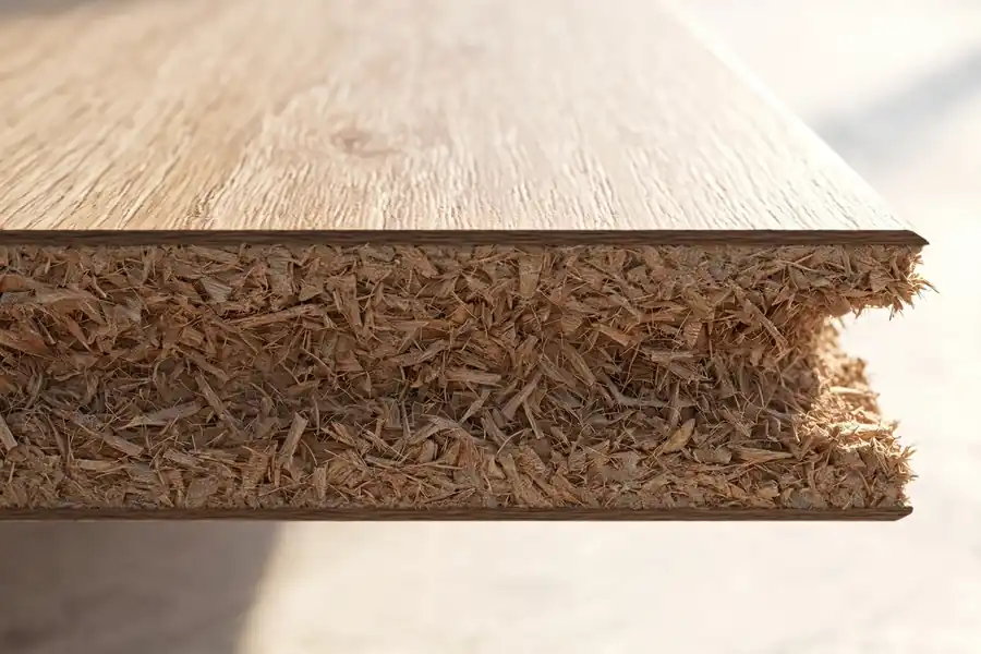 Close-up of the edge of a laminate plank showing its fiber core
