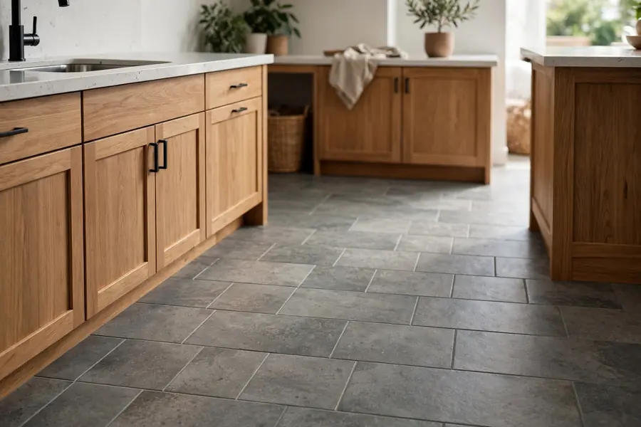 Durable tile floor in a kitchen