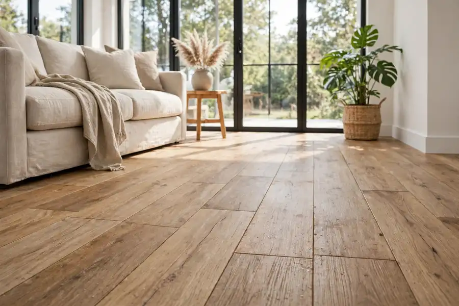Thick wear layer vinyl plank floor in a bright room