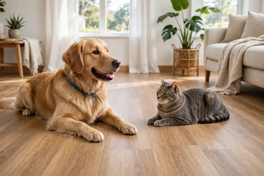 Scratch-resistant vinyl floor with pets in a bright room