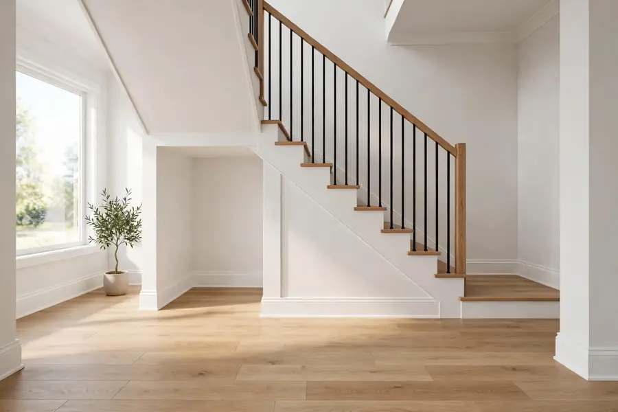 Staircase with new plank flooring and white baseboards