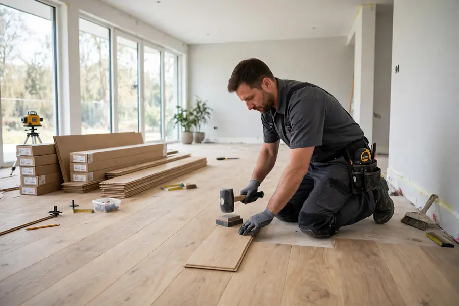 Professional installer laying plank flooring in a bright room