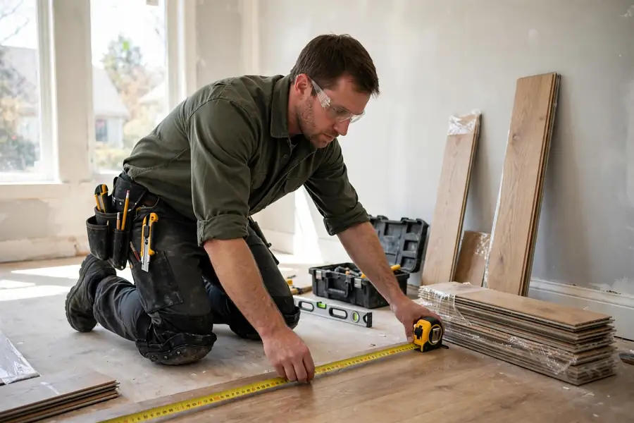 Flooring installer measuring a room floor with a tape measure