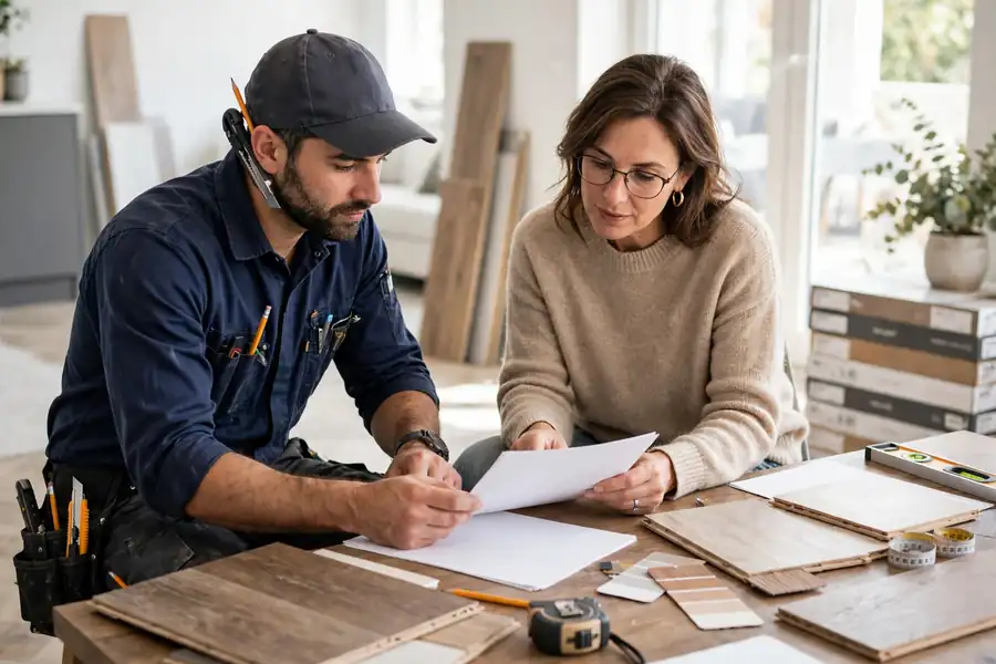 Flooring installer and homeowner reviewing paperwork together