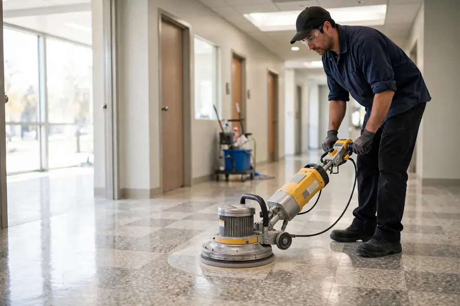 Worker buffing a vinyl composition tile floor with a floor buffer