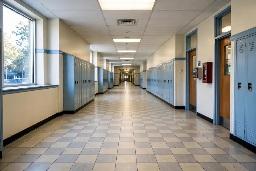 Bright school hallway with vinyl composition tile flooring