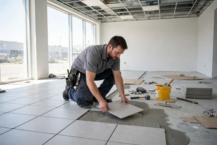 Worker laying vinyl composition tiles in a commercial room