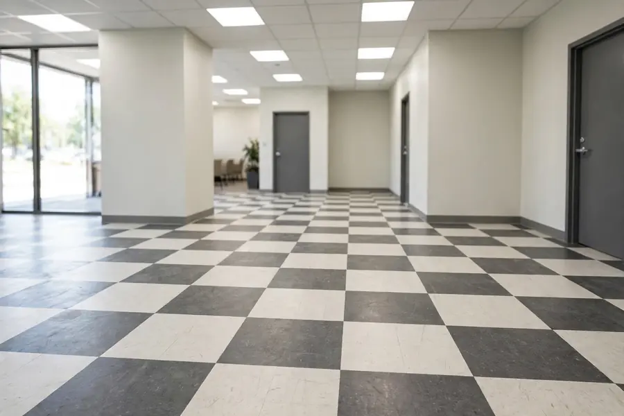 Commercial floor with vinyl composition tiles in a checker pattern
