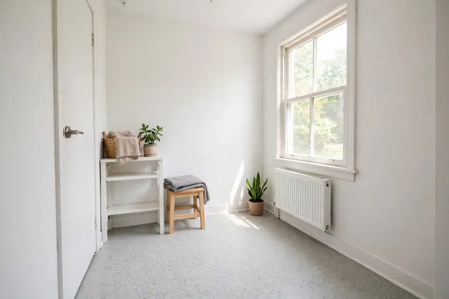 Small bright room with sheet vinyl flooring