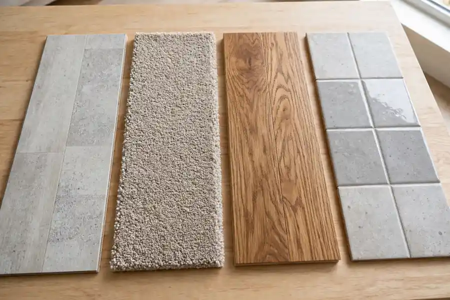 Flooring samples side by side: vinyl, carpet, wood, and tile