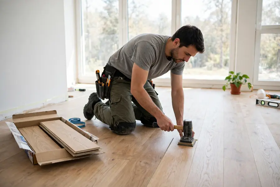 Worker installing vinyl plank flooring in a bright room