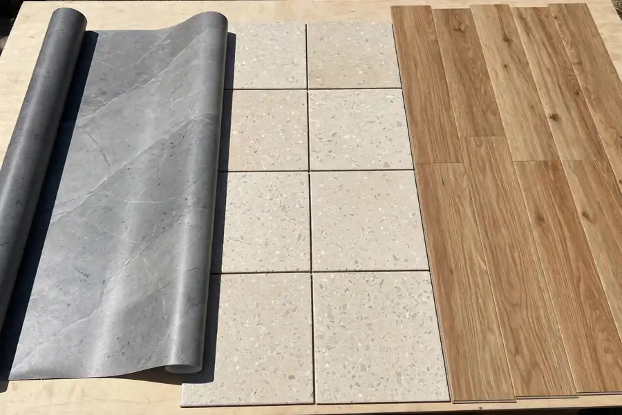 Different vinyl flooring types: a sheet vinyl roll, vinyl tiles, and vinyl planks