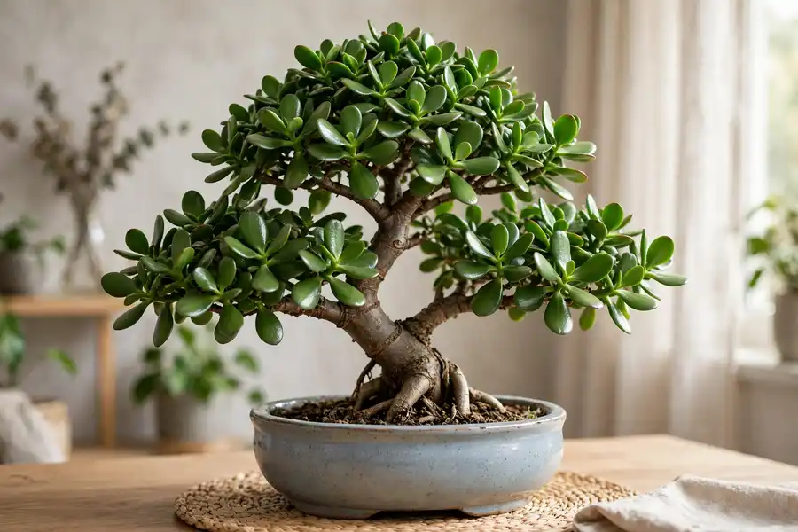 Jade plant bonsai with a thick trunk in a shallow ceramic pot