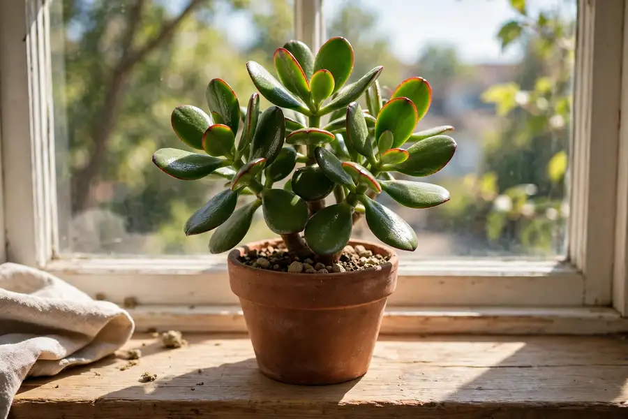 Jade plant on a bright windowsill with red-edged leaves
