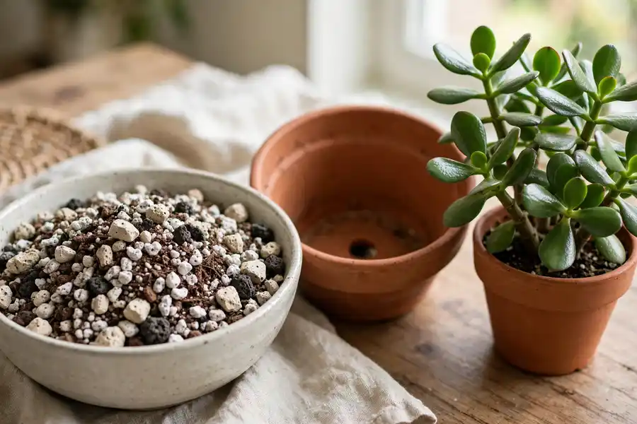 Bowl of gritty succulent mix next to a terracotta pot with a drainage hole