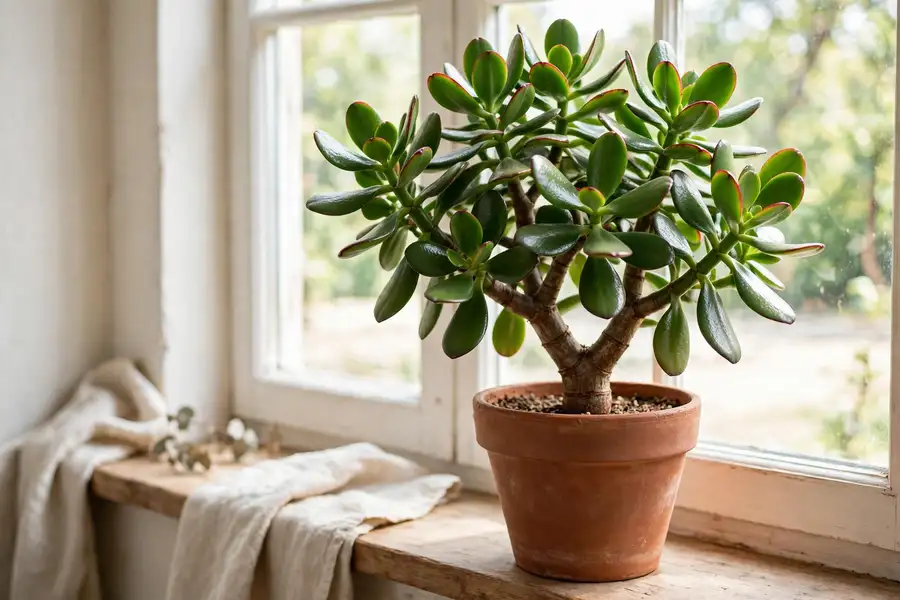 Healthy jade plant with glossy oval leaves in a terracotta pot near a window