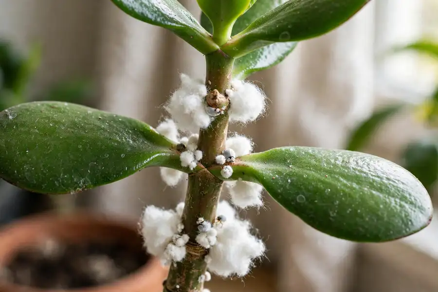 White cottony mealybugs on a jade plant stem and leaves
