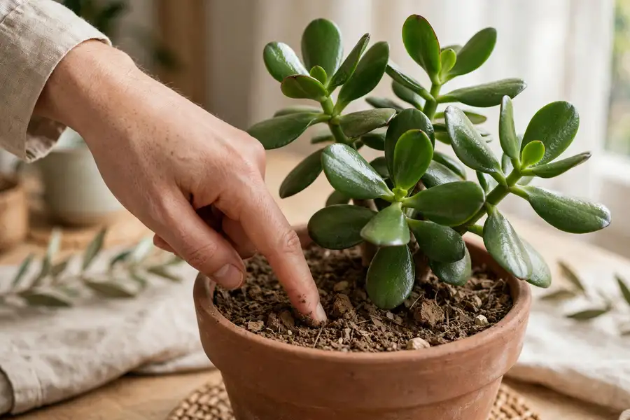 Hand checking the soil of a jade plant with a finger before watering