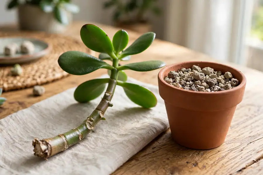 Jade plant stem cutting with a dried callus beside a small pot of gritty mix