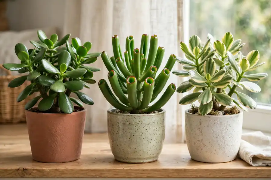 Standard jade plant, Gollum jade and a variegated jade side by side