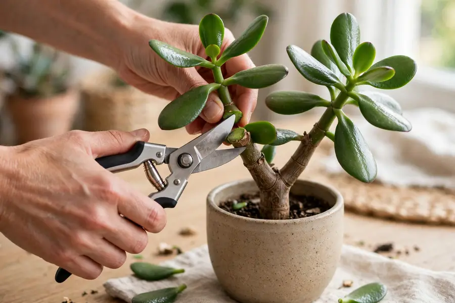 Hands pruning a jade plant branch just above a pair of leaves