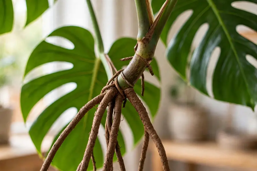 Close-up of brown aerial roots growing from a node on a monstera stem