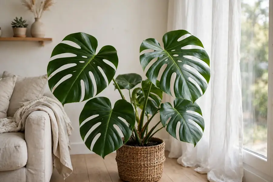 Monstera plant near a window with a sheer curtain in bright indirect light