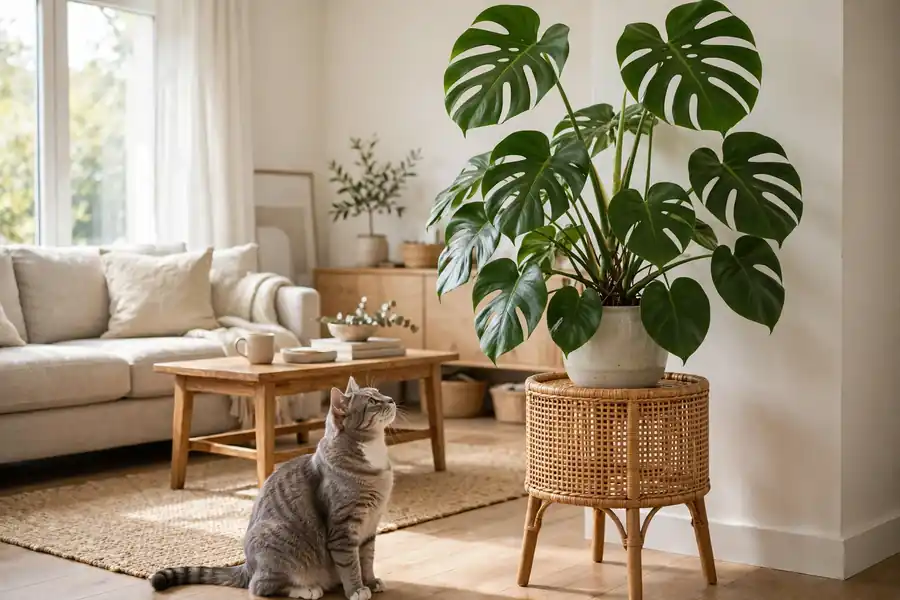 Monstera on a tall plant stand with a cat sitting below it