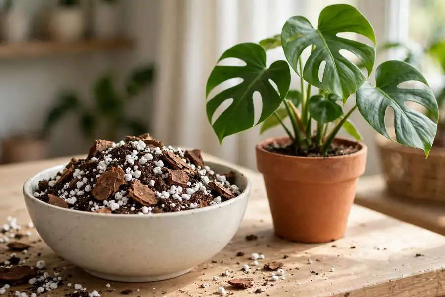 Bowl of chunky potting mix with perlite and orchid bark for a monstera