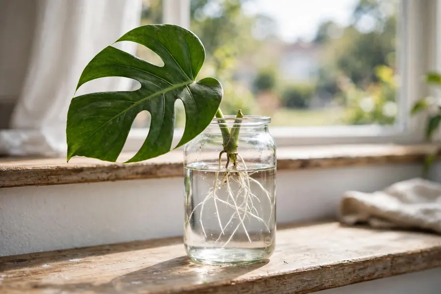 Monstera stem cutting with a node and young roots in a glass jar of water