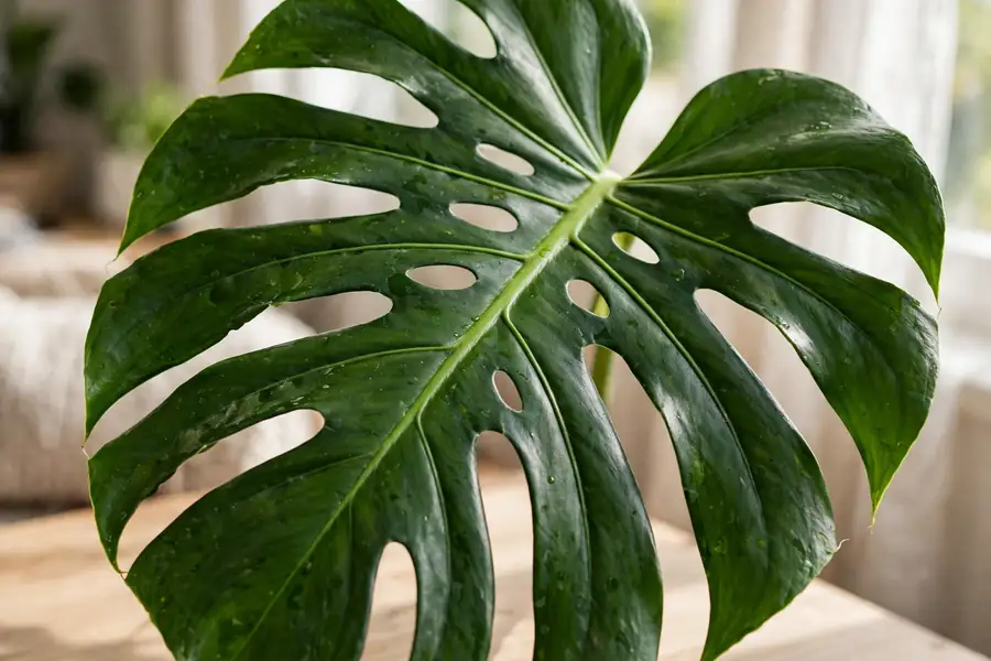 Close-up of a monstera leaf showing deep splits and oval holes