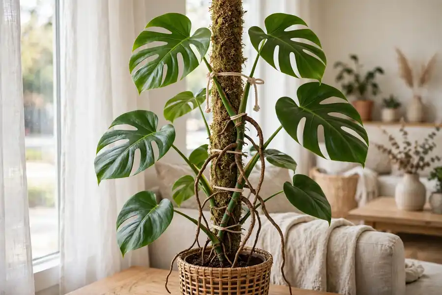 Monstera stem tied to a moss pole with aerial roots reaching the pole